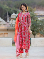 Yufta Red Floral Print Regular Sleeves Anarkali Kurta Trouser And Dupatta Set