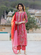 Yufta Red Floral Print Regular Sleeves Anarkali Kurta Trouser And Dupatta Set