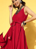 Yufta Red Solid Strap Dress with Belt - Distacart