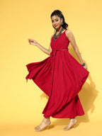 Yufta Red Solid Strap Dress with Belt - Distacart