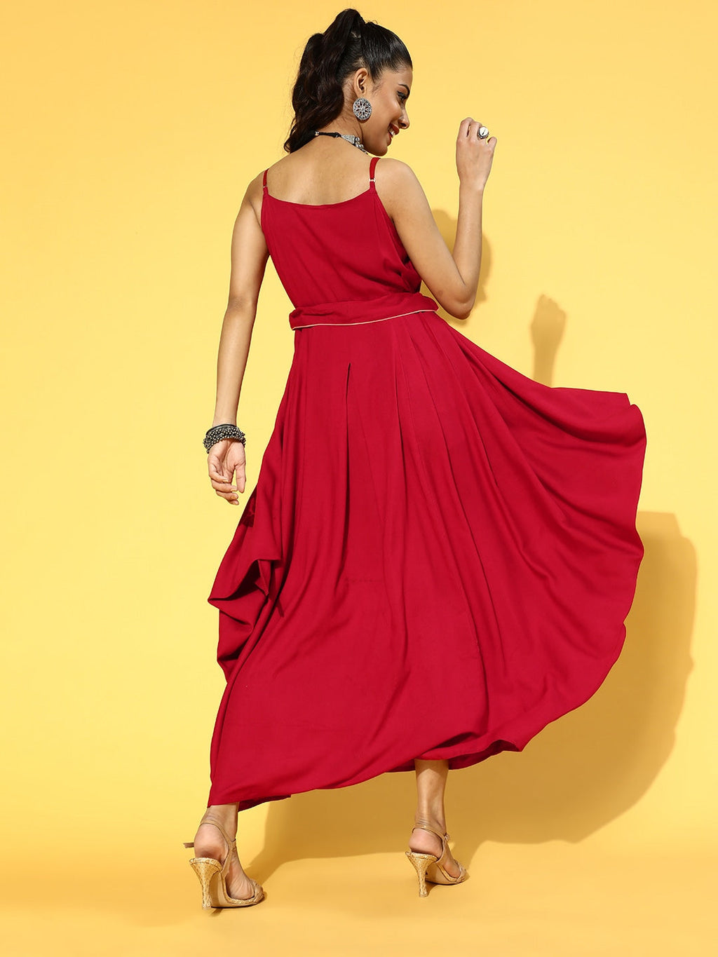 Yufta Red Solid Strap Dress with Belt - Distacart