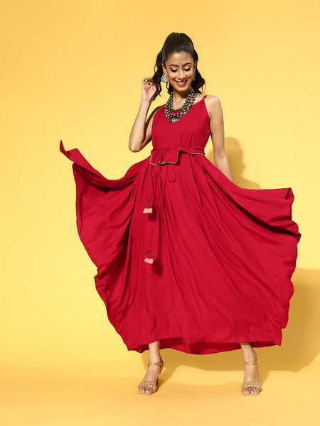 Yufta Red Solid Strap Dress with Belt