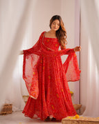 Lorenvalley Women Soft Lightweight Chiffon Bandhej Print Fabric Anarkali Kurta Pant With Dupatta Set