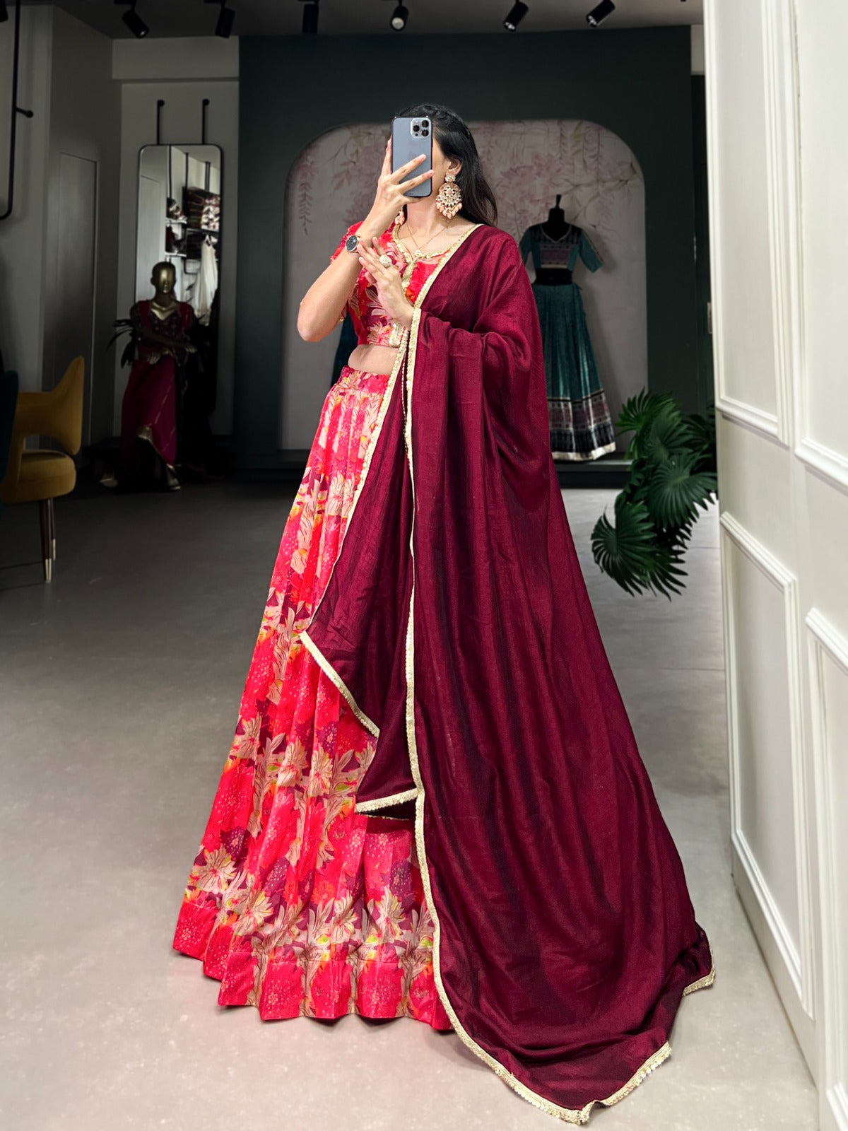 Lorenvalley Red Tussar Silk Printed Lehenga Choli