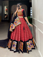 Lorenvalley Red Pure Cotton Lehenga Choli Embellishes With Gamthi Work And Mirror Work Touch Up To Make Everyone Feel The Stories Of Navratri Traditions