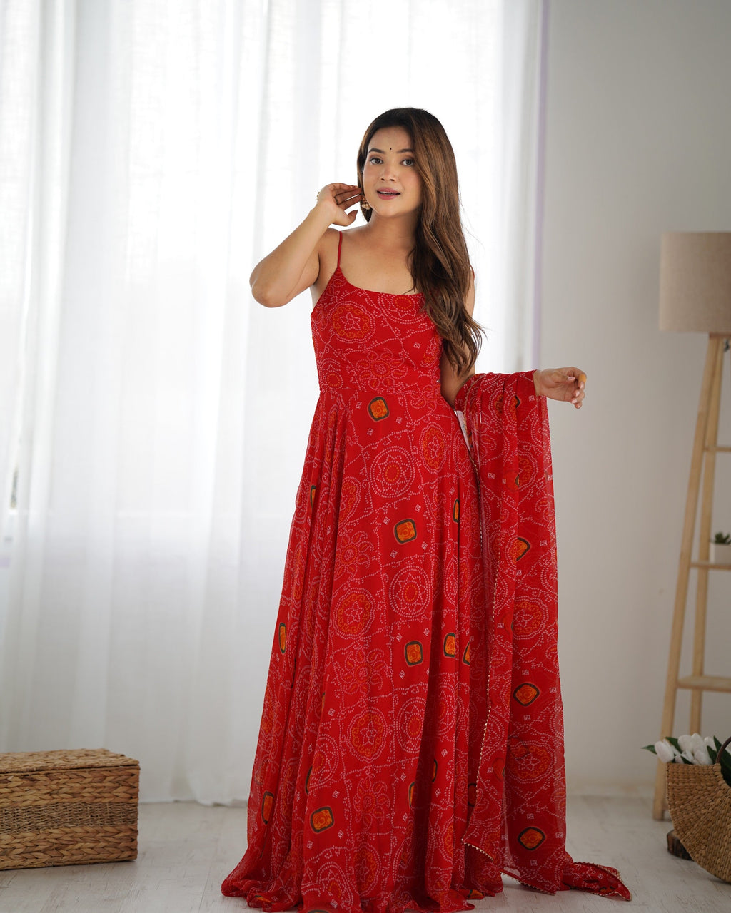Lorenvalley Fashion Red Soft Chiffon Bandhej Fabric Print Fully Flair Anarkali With Pant Dupatta Set - Distacart