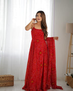 Lorenvalley Fashion Red Soft Chiffon Bandhej Fabric Print Fully Flair Anarkali With Pant Dupatta Set - Distacart