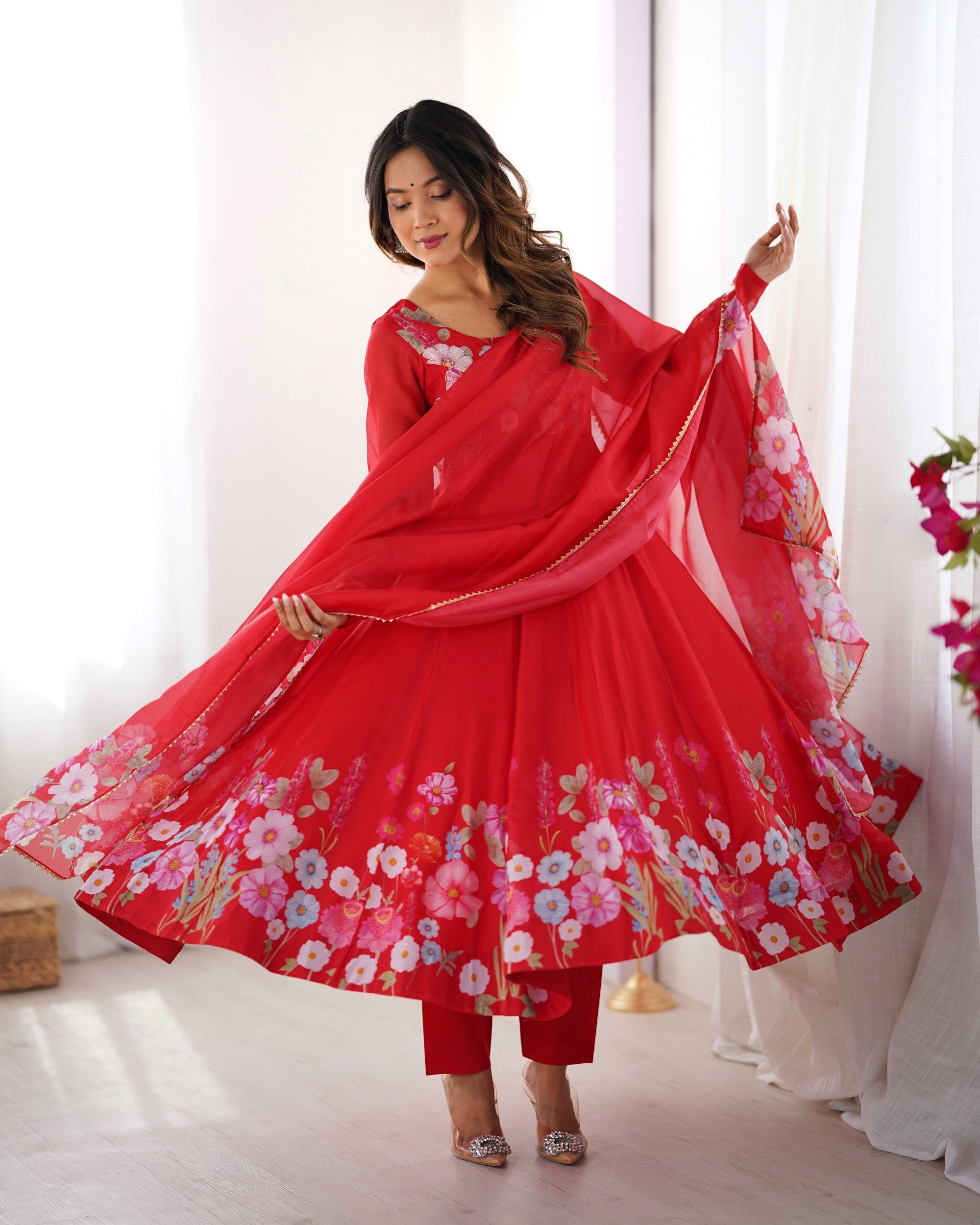 Lorenvalley Fashion Red Soft Organza Silk With Floral Print Fully Flared Anarkali Pant With Dupatta Set - Distacart