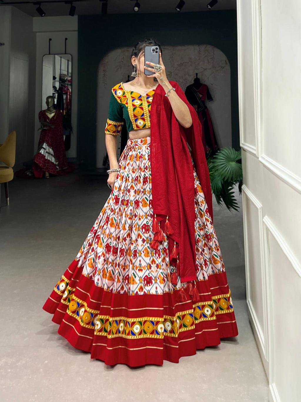 Lorenvalley Red Dola Silk and Cotton with Patola Print With Foil Work And Original Mirror Gamthi Lace Lehenga Choli