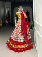 Lorenvalley Red Dola Silk and Cotton with Patola Print With Foil Work And Original Mirror Gamthi Lace Lehenga Choli