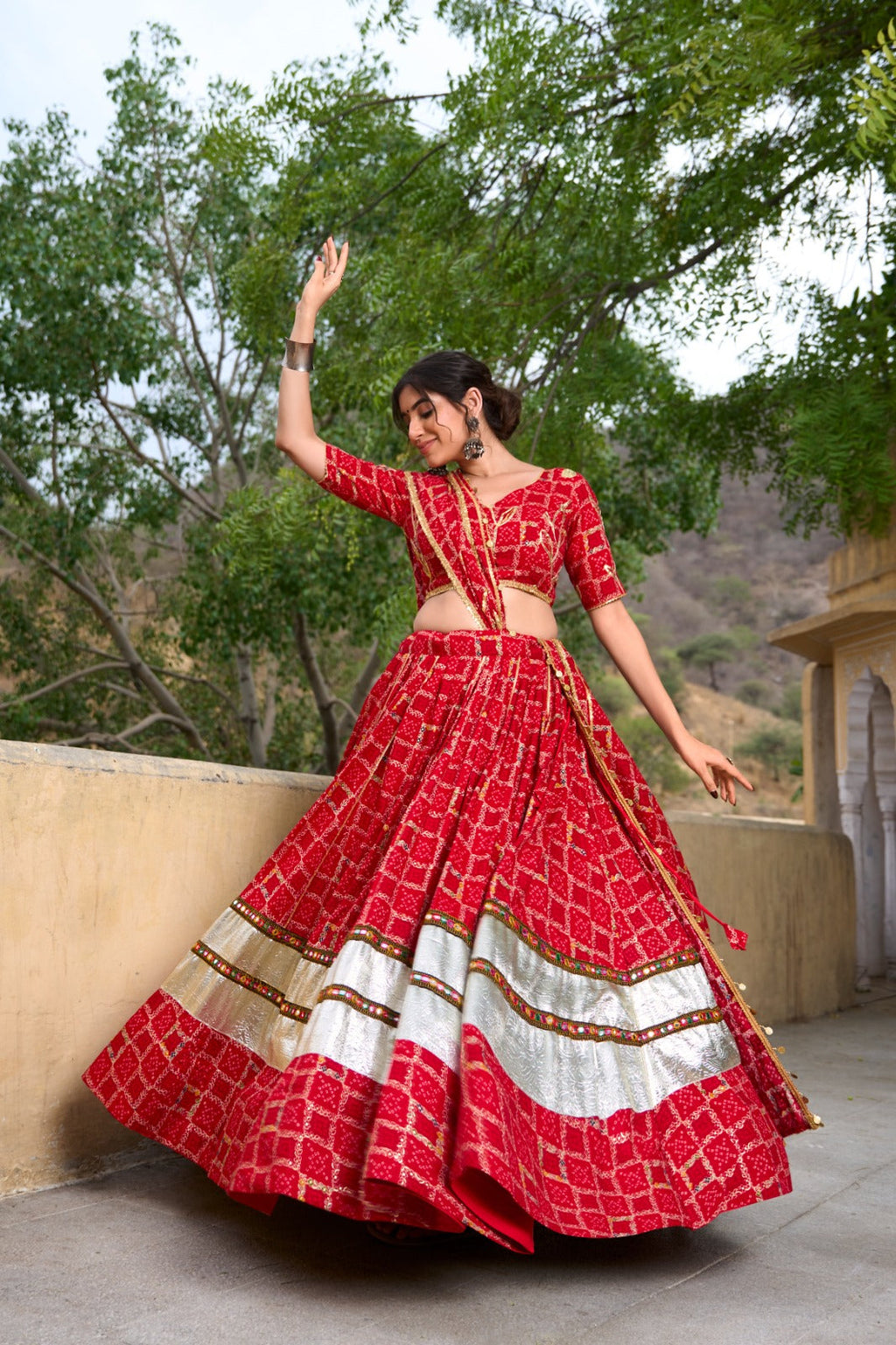 Lorenvalley Red Pure Rayon with Foil Printed With Gota Patti And Paper Mirror Work Lehenga Choli