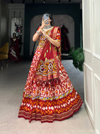 Lorenvalley Red Tussar Silk Patola Print With Foil Work And Original Mirror Gamthi Lace Lehenga Choli with Dupatta