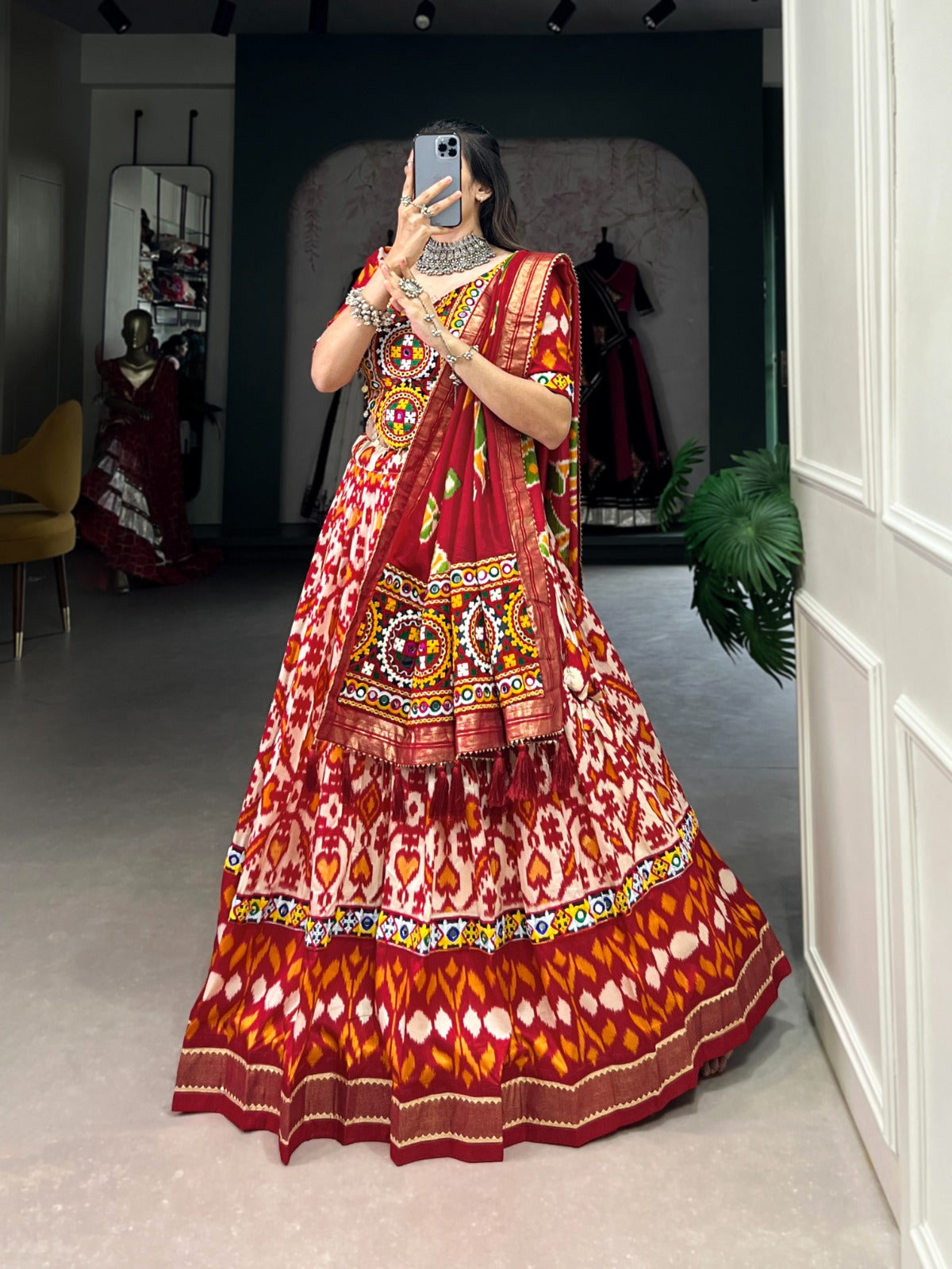 Lorenvalley Red Tussar Silk Patola Print With Foil Work And Original Mirror Gamthi Lace Lehenga Choli with Dupatta