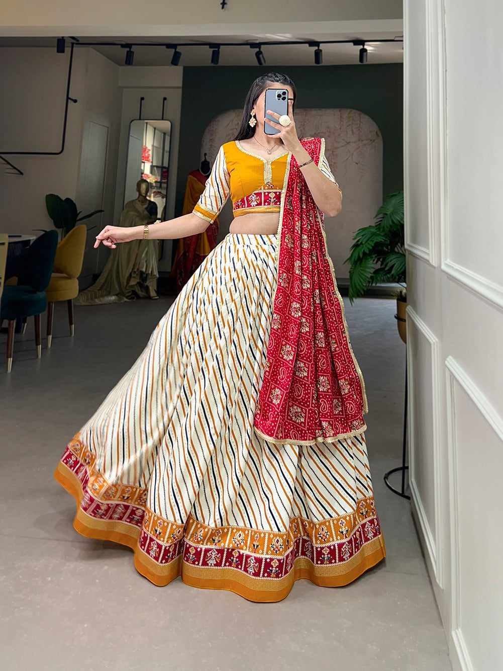 Lorenvalley White And Red Pure Cotton Leheriya With Patola Print Lehenga Choli With Dupatta