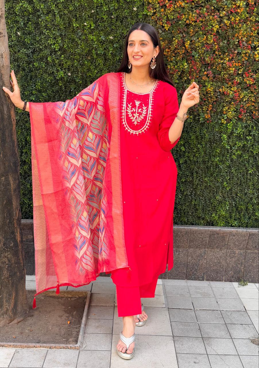 Lorenvalley Fashion Red Roman Silk Hand Work Kurta Pant with Dupatta - Distacart