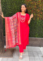 Lorenvalley Fashion Red Roman Silk Hand Work Kurta Pant with Dupatta - Distacart