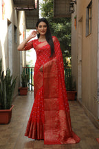 Lorenvalley Premium Pure Handmade Bandhej Kanjivaram silk saree with Zari Weaving Rich Pallu saree - Rust