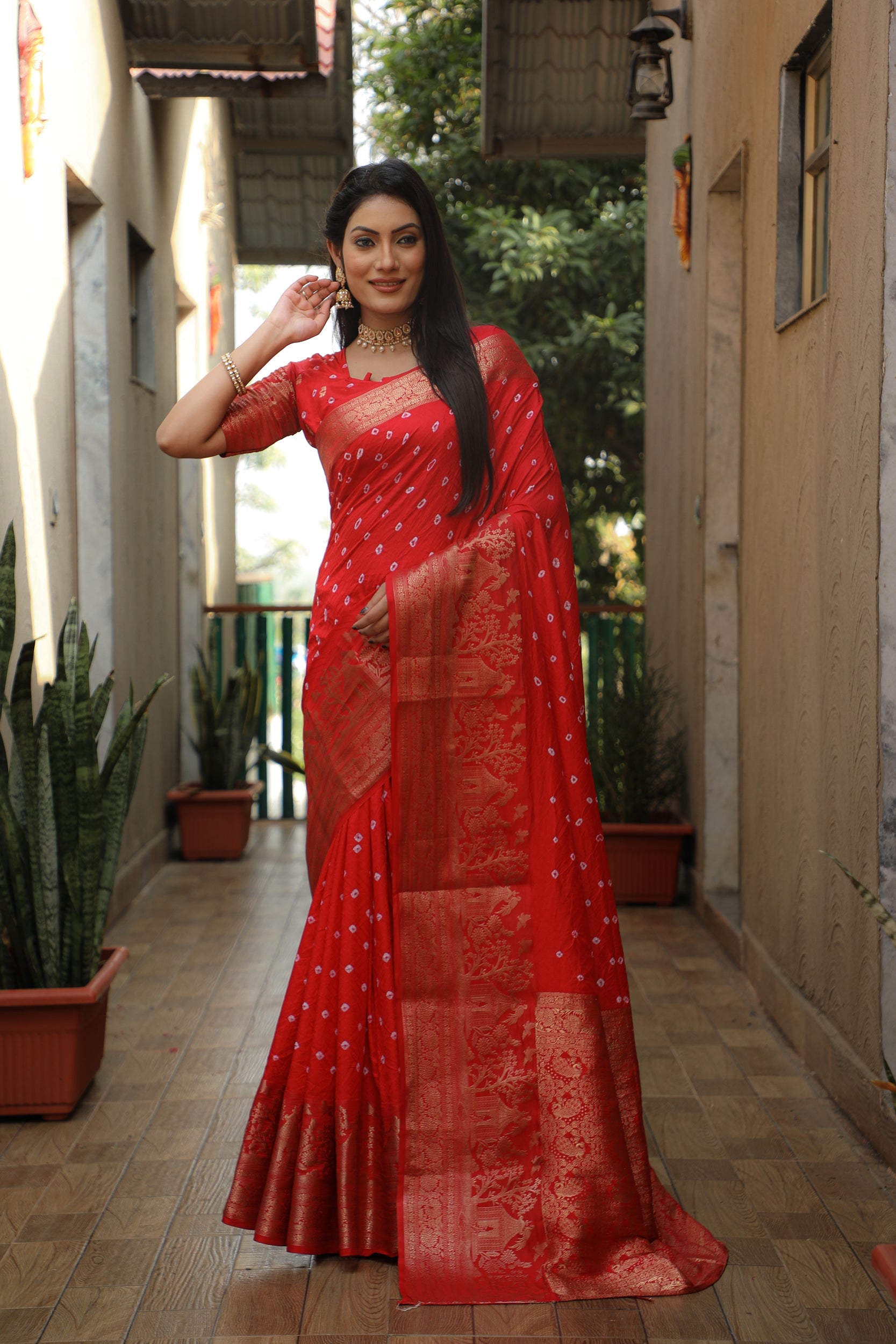 Lorenvalley Premium Pure Handmade Bandhej Kanjivaram silk saree with Zari Weaving Rich Pallu saree - Rust
