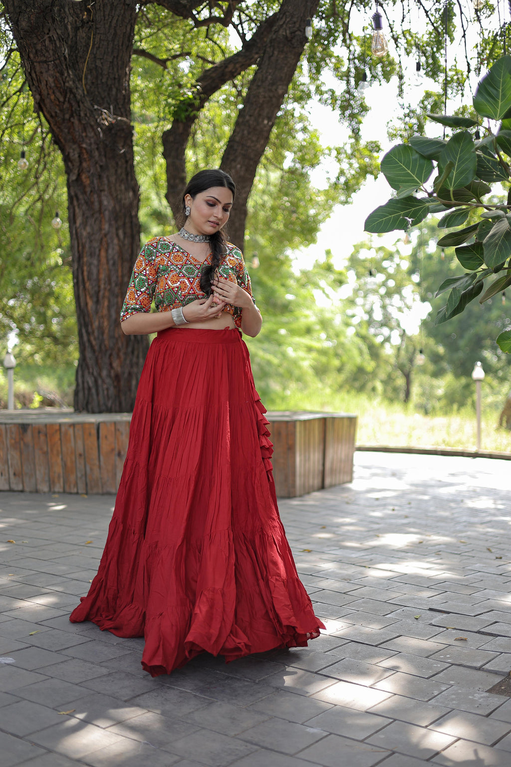 Lorenvalley Red Premium Rayon Lehenga with Georgette Embroidered Traditional Thread work Choli