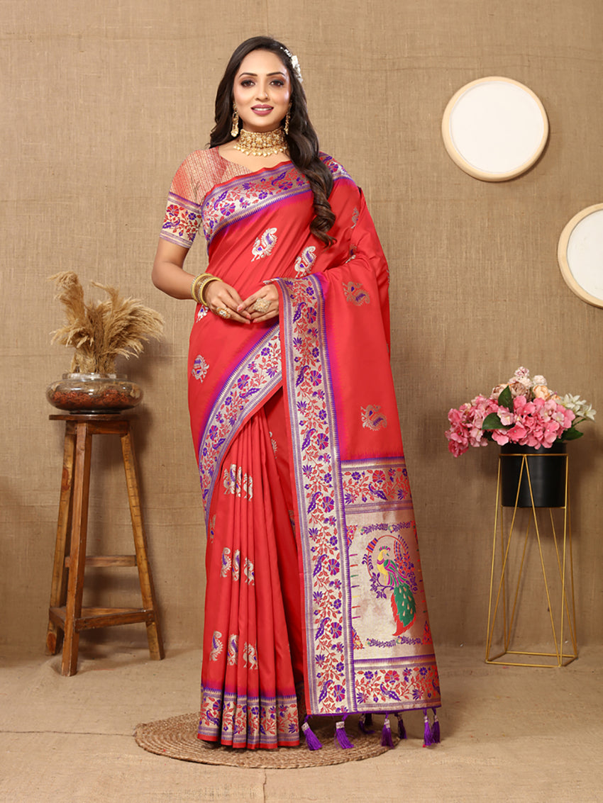 Lorenvalley Fashion Red Soft Paithani Silk Woven Design Rich Meenakari Zari Weaving Pallu Saree