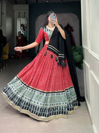 Lorenvalley Red Rayon with Bandhej And Ajarakh Print With Embossed Design Gota Lace Touch up Lehenga Choli