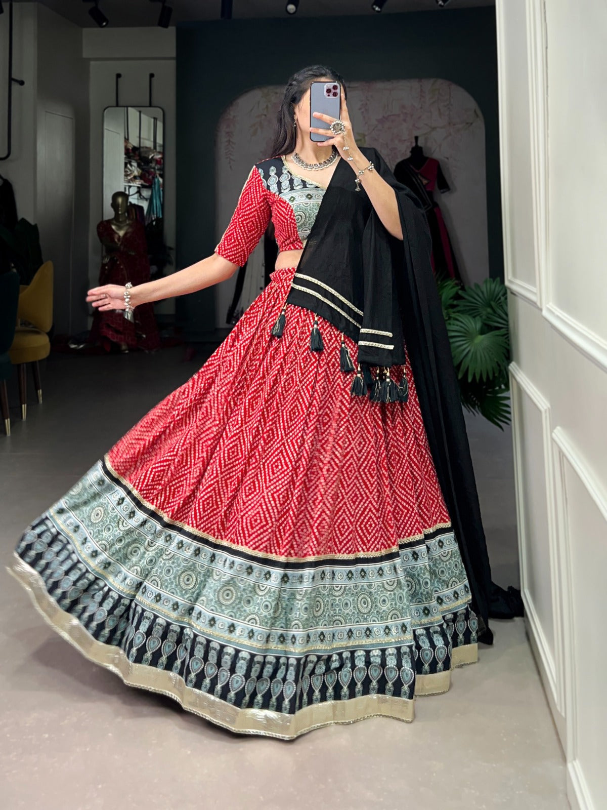 Lorenvalley Red Rayon with Bandhej And Ajarakh Print With Embossed Design Gota Lace Touch up Lehenga Choli