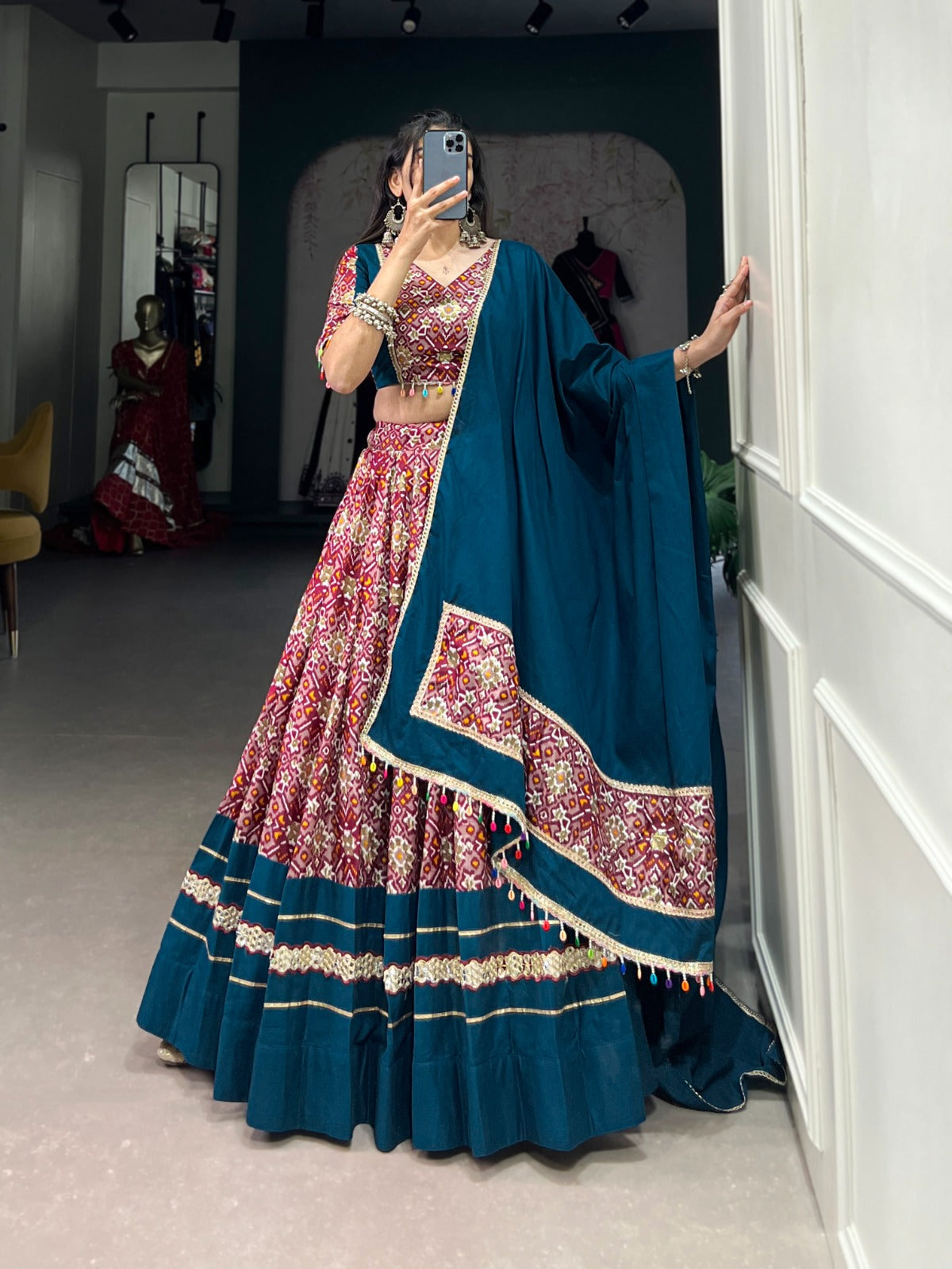 Lorenvalley Red Dola Silk and Rayon with Printed With Foil Work And Lace Touch Up Lehenga Choli
