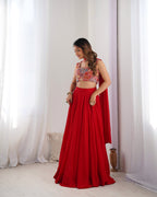 Lorenvalley Red Faux Georgette Stitched Lehenga Embroidery Blouse with Dupatta
