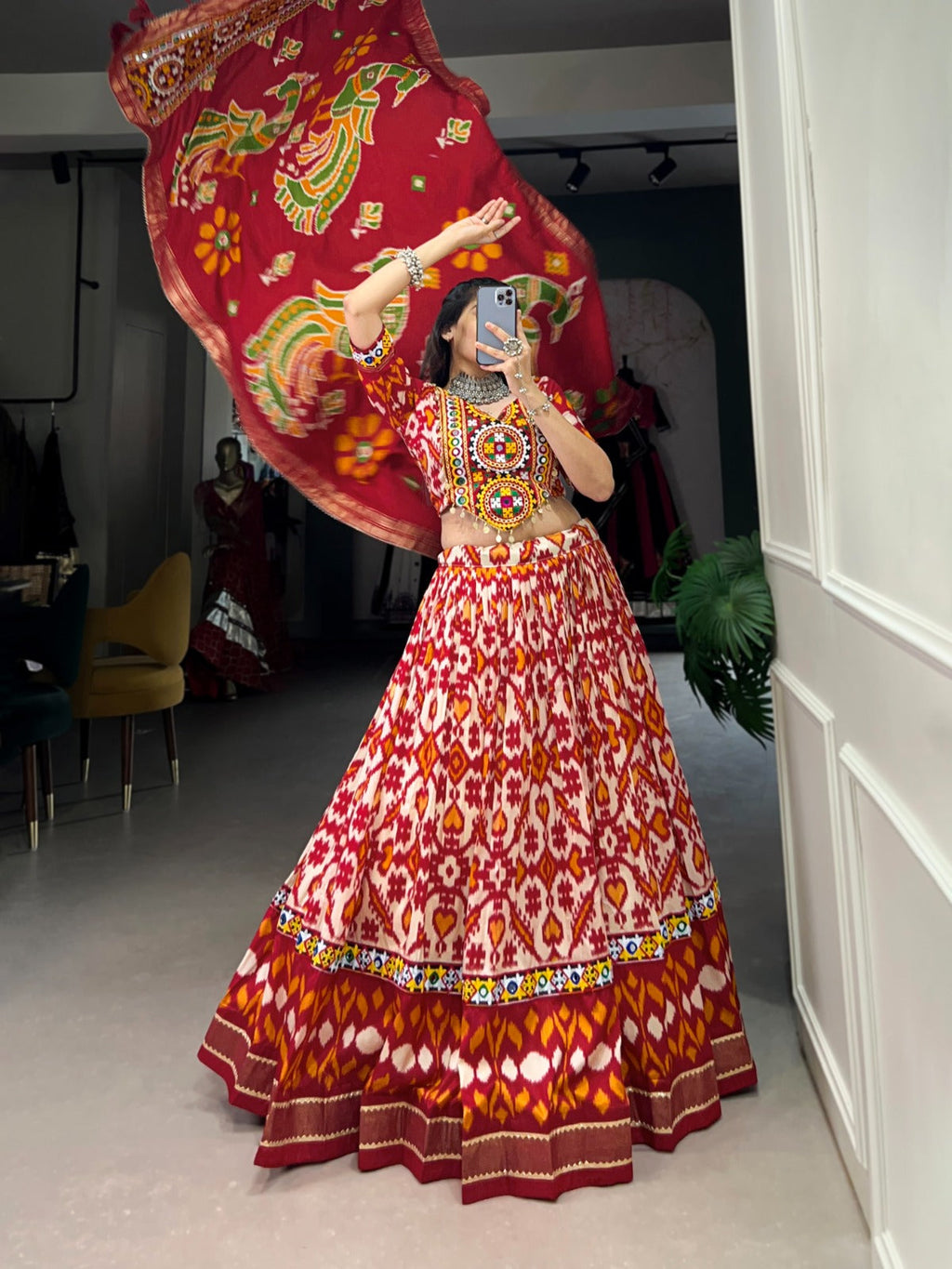 Lorenvalley Red Tussar Silk Patola Print With Foil Work And Original Mirror Gamthi Lace Lehenga Choli with Dupatta