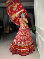 Lorenvalley Red Tussar Silk Patola Print With Foil Work And Original Mirror Gamthi Lace Lehenga Choli with Dupatta