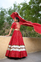 Lorenvalley Red Pure Rayon with Foil Printed With Gota Patti And Paper Mirror Work Lehenga Choli