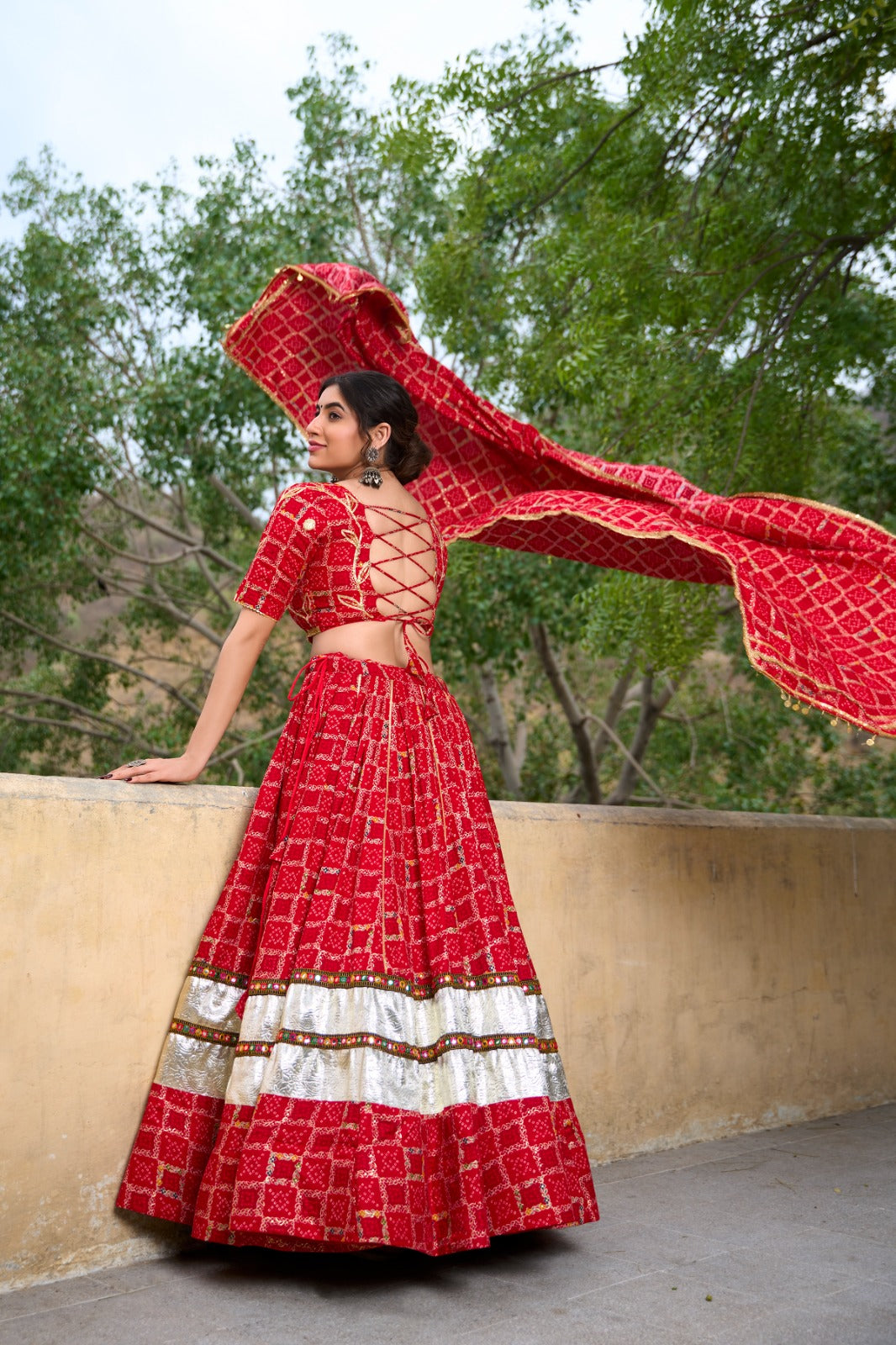 Lorenvalley Red Pure Rayon with Foil Printed With Gota Patti And Paper Mirror Work Lehenga Choli