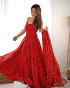 Lorenvalley Fashion Red Soft Chiffon Bandhej Fabric Print Fully Flair Anarkali With Pant Dupatta Set - Distacart