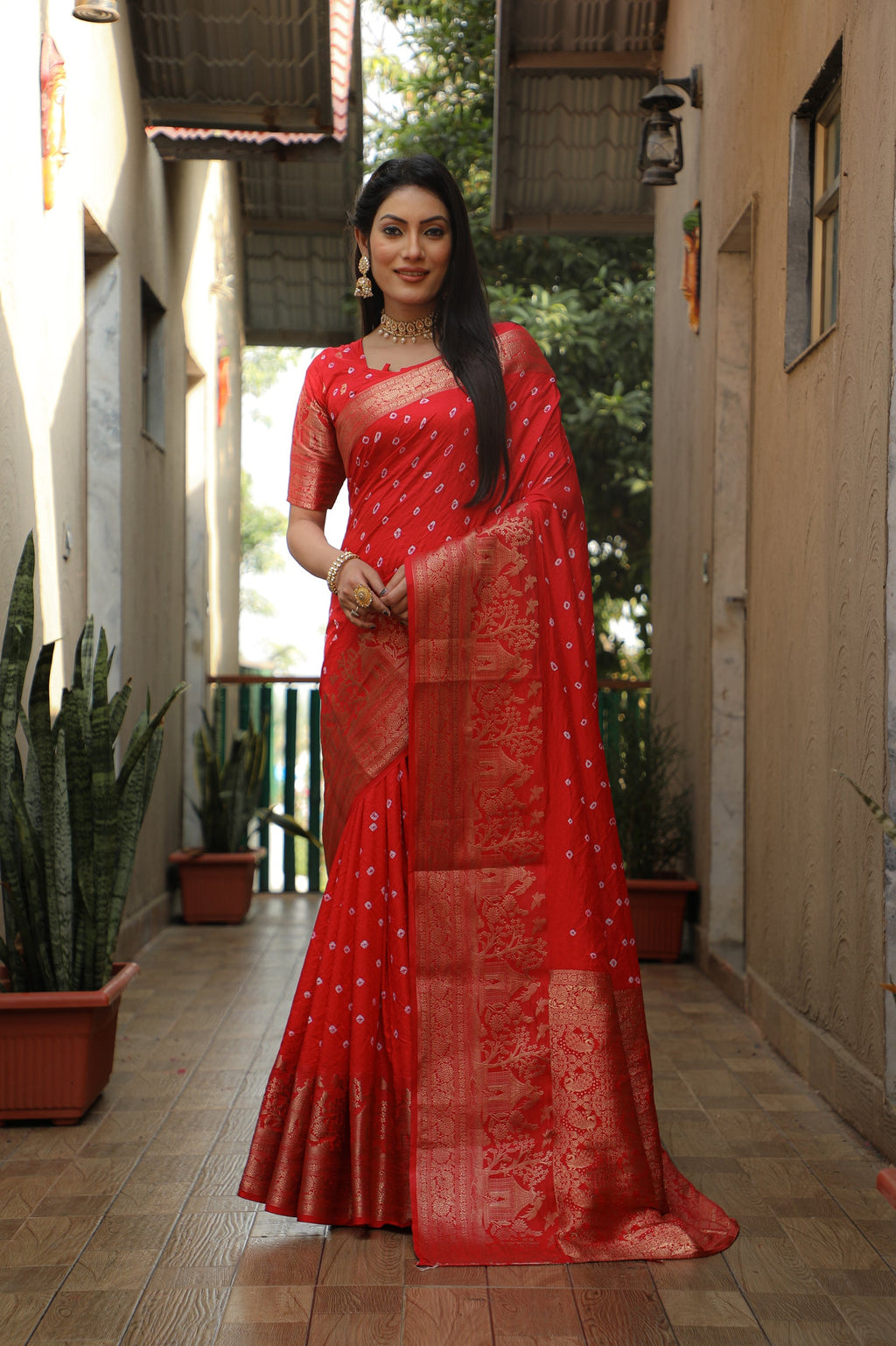 Lorenvalley Premium Pure Handmade Bandhej Kanjivaram silk saree with Zari Weaving Rich Pallu saree - Rust