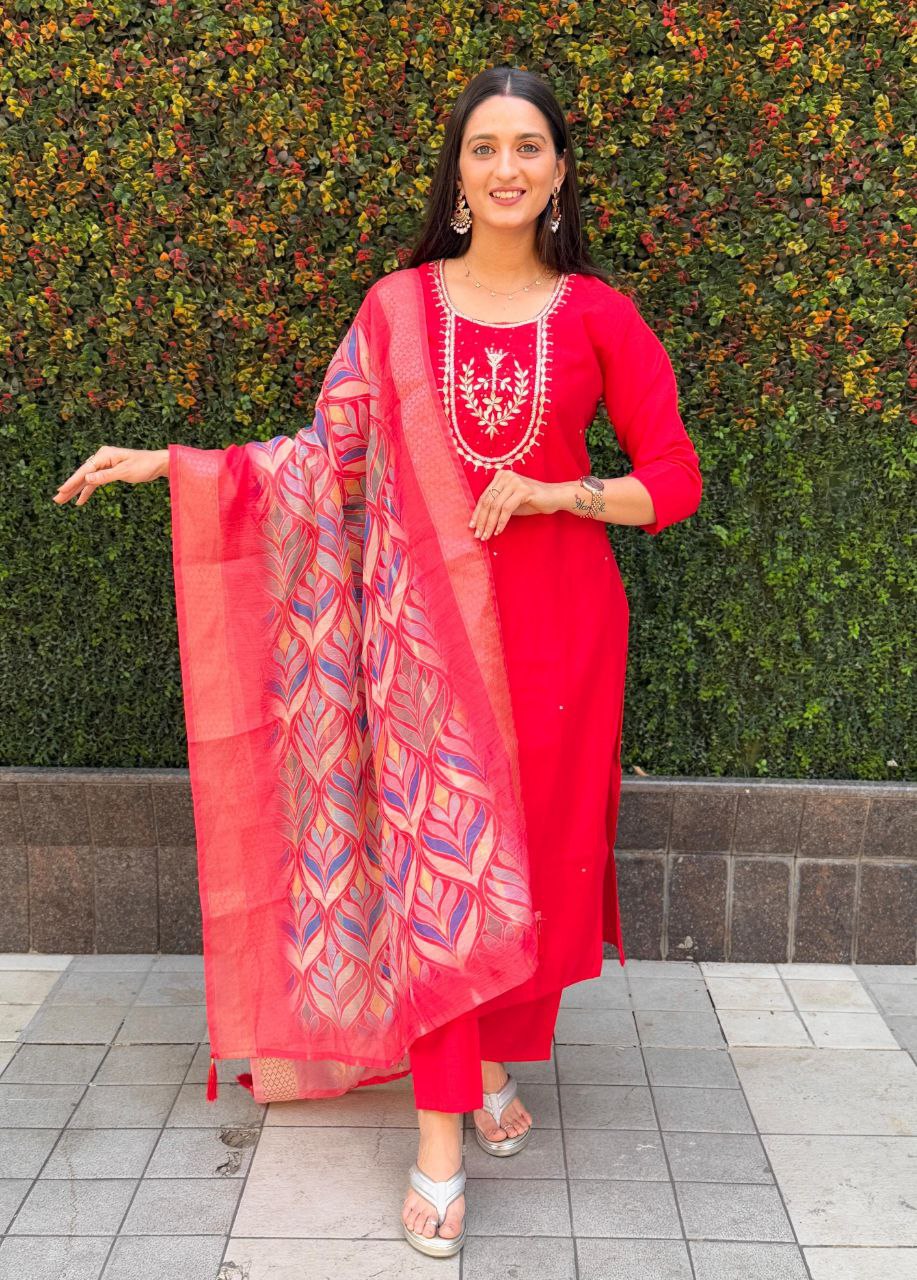 Lorenvalley Fashion Red Roman Silk Hand Work Kurta Pant with Dupatta - Distacart