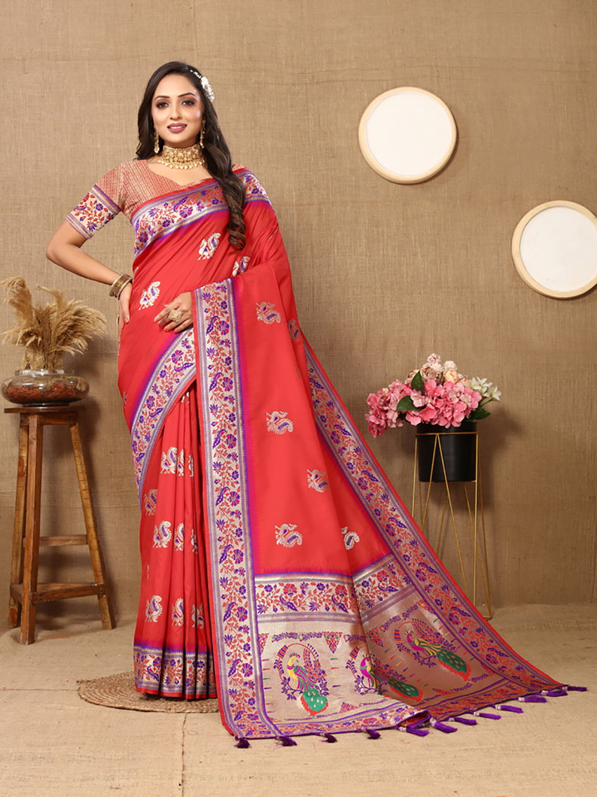 Lorenvalley Fashion Red Soft Paithani Silk Woven Design Rich Meenakari Zari Weaving Pallu Saree