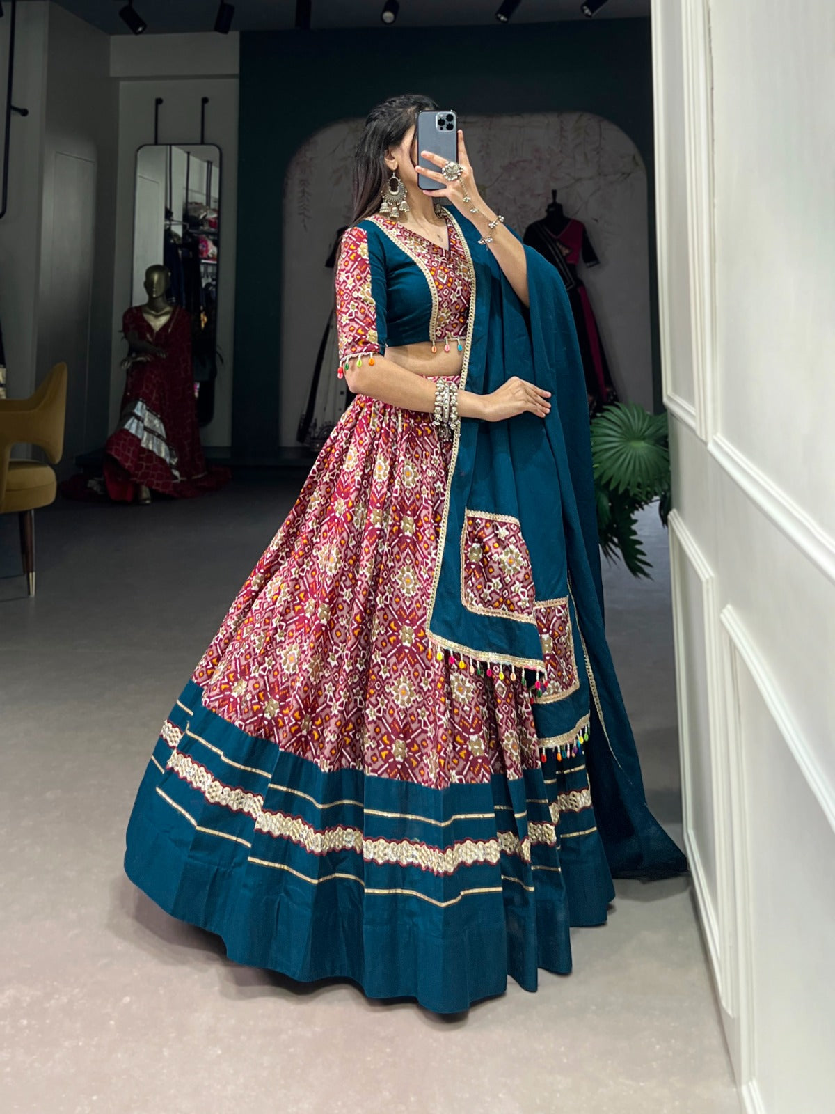 Lorenvalley Red Dola Silk and Rayon with Printed With Foil Work And Lace Touch Up Lehenga Choli