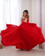 Lorenvalley Red Faux Georgette Stitched Lehenga Embroidery Blouse with Dupatta