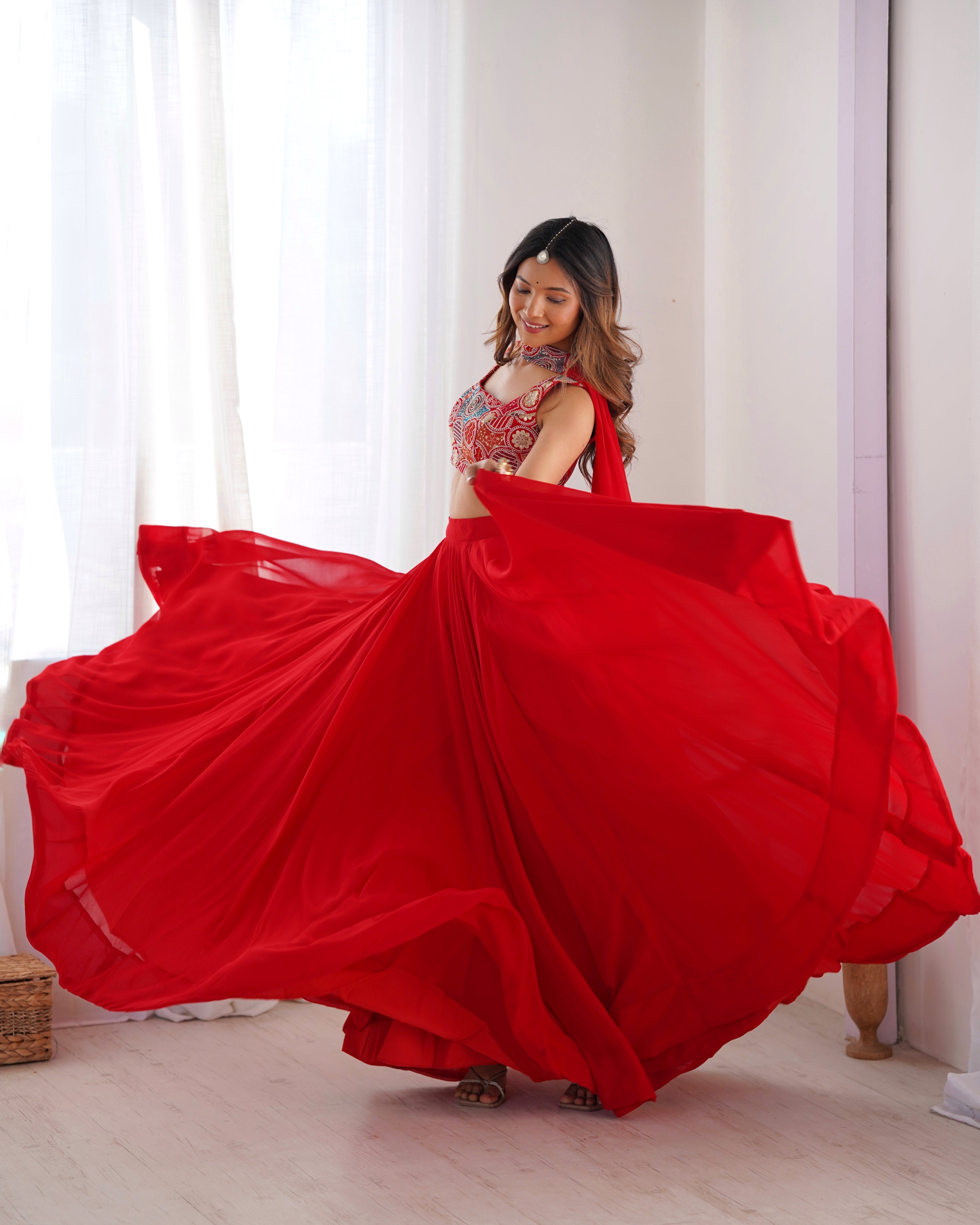 Lorenvalley Red Faux Georgette Stitched Lehenga Embroidery Blouse with Dupatta