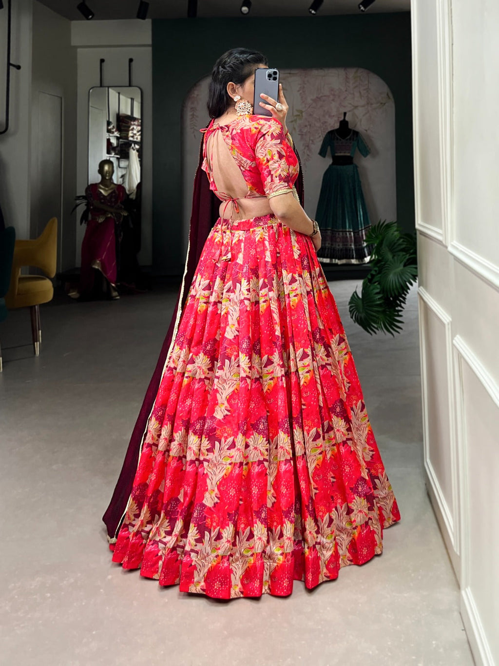 Lorenvalley Red Tussar Silk Printed Lehenga Choli