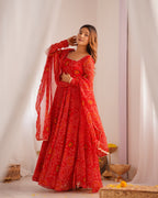 Lorenvalley Women Soft Lightweight Chiffon Bandhej Print Fabric Anarkali Kurta Pant With Dupatta Set