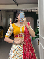 Lorenvalley White And Red Pure Cotton Leheriya With Patola Print Lehenga Choli With Dupatta