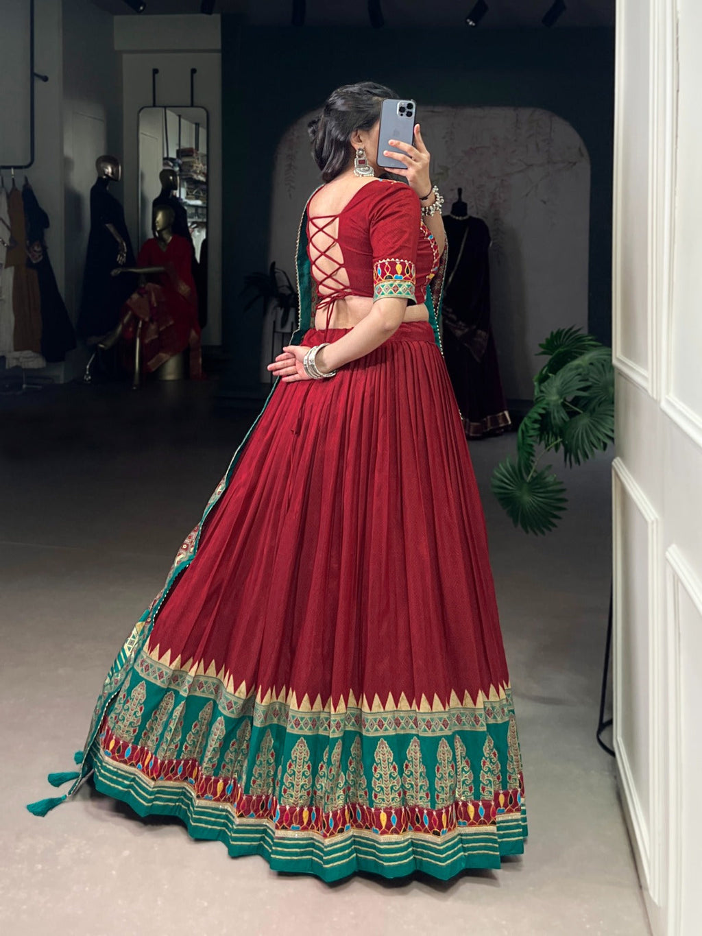 Lorenvalley Fashion Red Tasar Silk Print with Foil Work and Real Mirror Gamthi Work with Lace Touch Up Lehenga Choli with Dupatta
