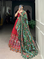 Lorenvalley Red Dola Silk Patola Print With Gamthi Work Lace Border Lehenga Choli with Dupatta