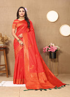 Lorenvalley Fashion Red Soft Silk Copper Zari weaving Design Saree