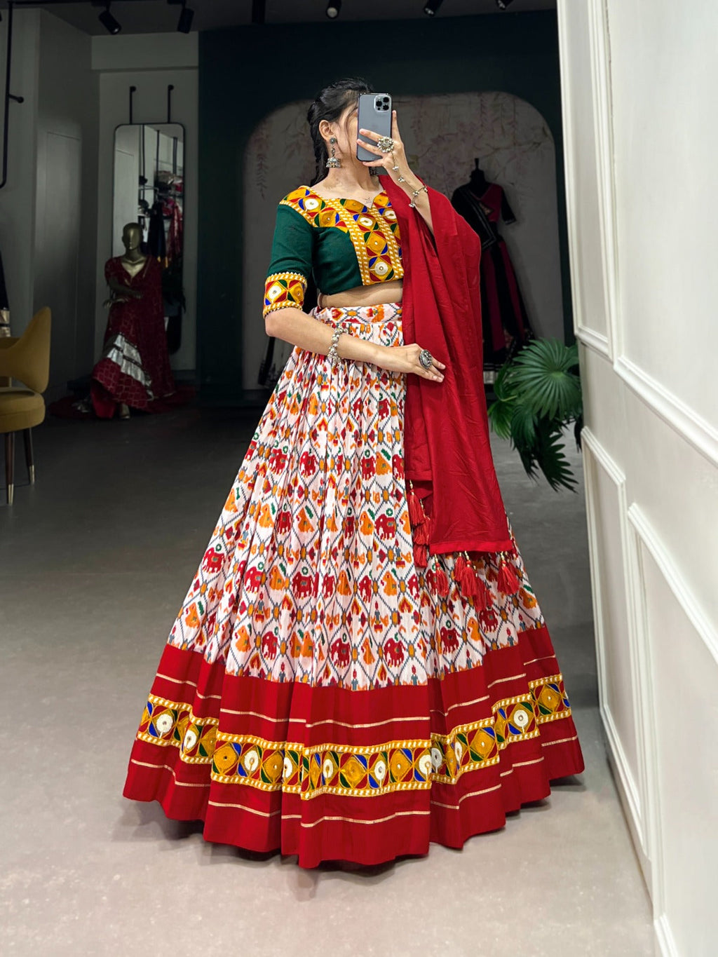 Lorenvalley Red Dola Silk and Cotton with Patola Print With Foil Work And Original Mirror Gamthi Lace Lehenga Choli