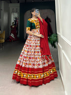 Lorenvalley Red Dola Silk and Cotton with Patola Print With Foil Work And Original Mirror Gamthi Lace Lehenga Choli