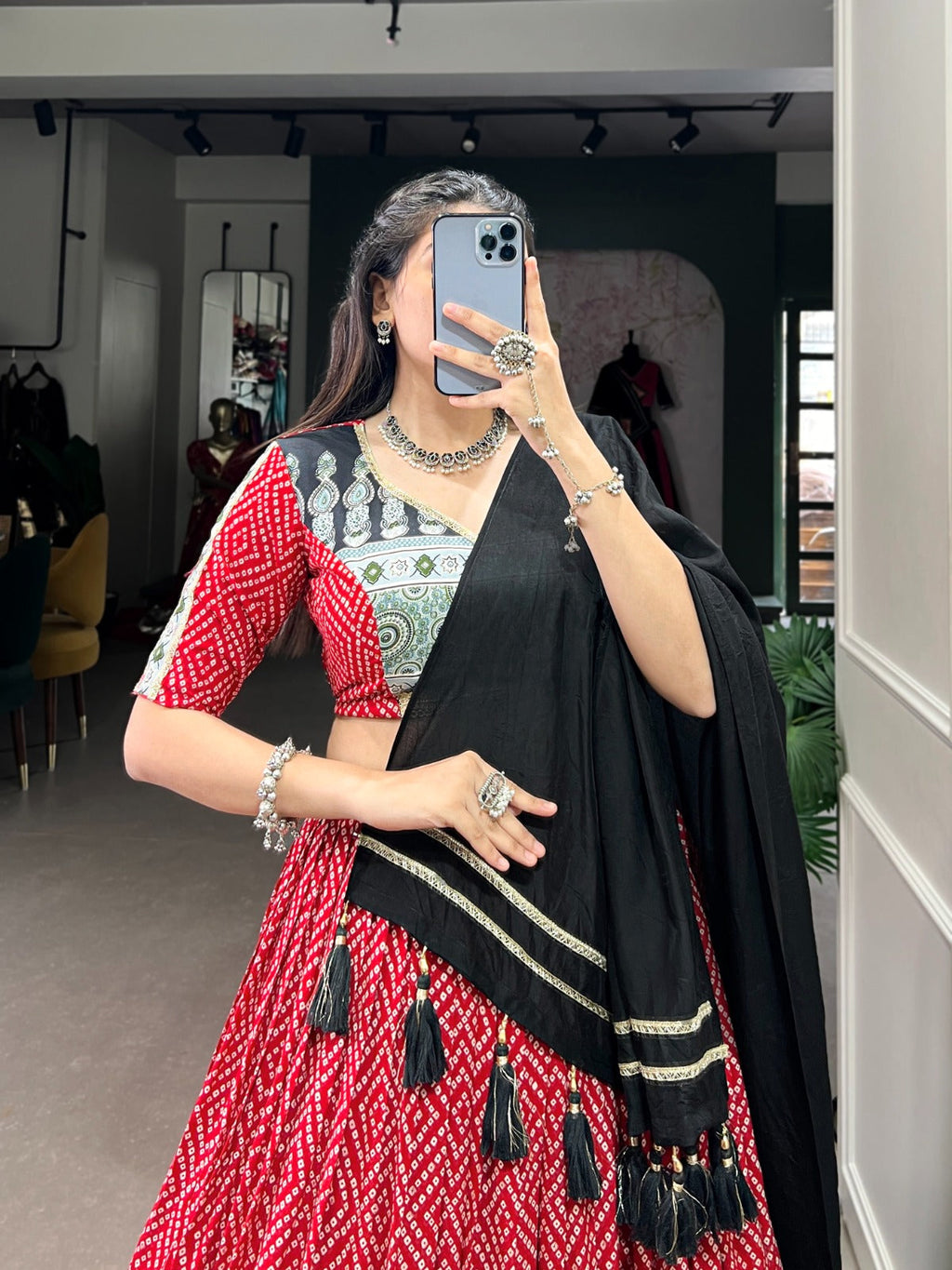 Lorenvalley Red Rayon with Bandhej And Ajarakh Print With Embossed Design Gota Lace Touch up Lehenga Choli