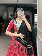Lorenvalley Red Rayon with Bandhej And Ajarakh Print With Embossed Design Gota Lace Touch up Lehenga Choli