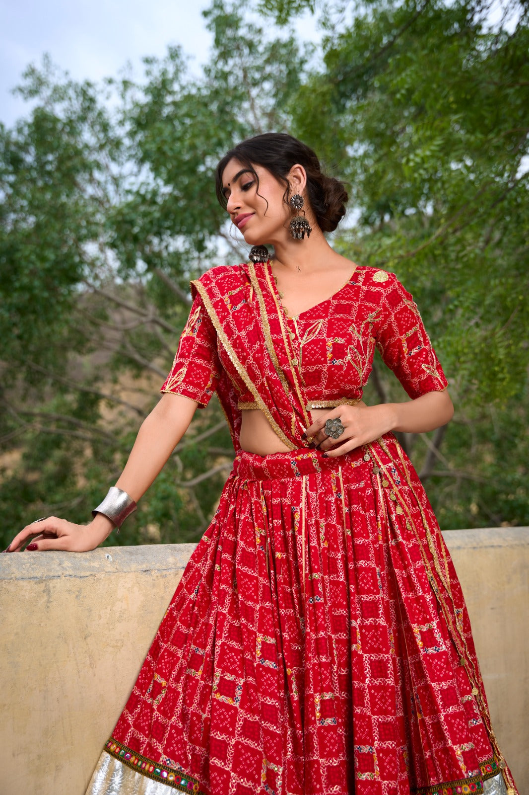 Lorenvalley Red Pure Rayon with Foil Printed With Gota Patti And Paper Mirror Work Lehenga Choli